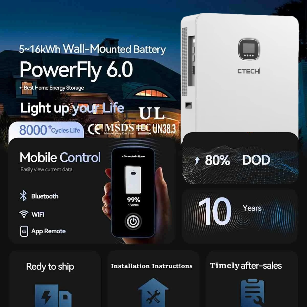 CTECHi 48v 15kw All in One  Household  Lifepo4  Energy Storage Battery Off Hybrid grid for  Apartment  Fireproof