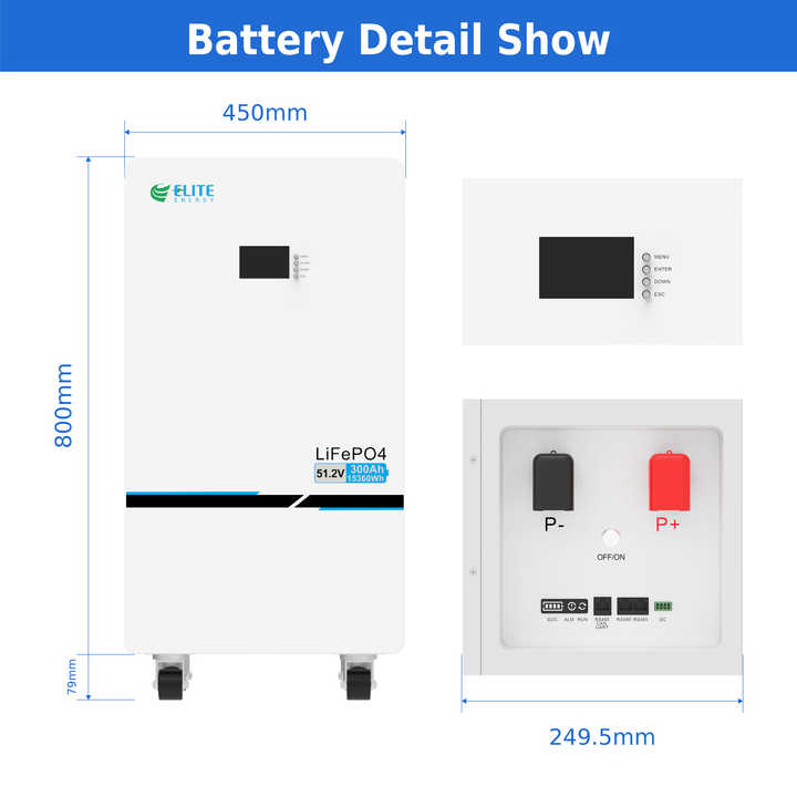 Solar Home Energy Storage System Battery 15KWH 51.2V Lithium Ion LiFePO4 Batteries 48V 300AH Rechargeable Deep Cycle BMS Li Cell High-Capacity Off-Grid Renewable Energy Storage Solution ELITE