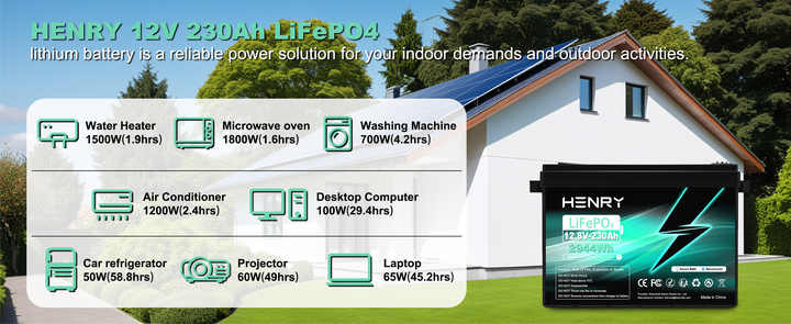 Lithium Iron Phosphate Battery Pack 12V 200AH 230AH with Bluetooth BMS 12.8V for Solar Storage Golf Carts Electric Vehicles HENRY