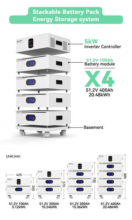 Home Energy Storage Battery System 51.2V 100Ah 5kWh-20kWh Stackable Off-Grid Hybrid Grid 5kW Inverter Controller HENRY