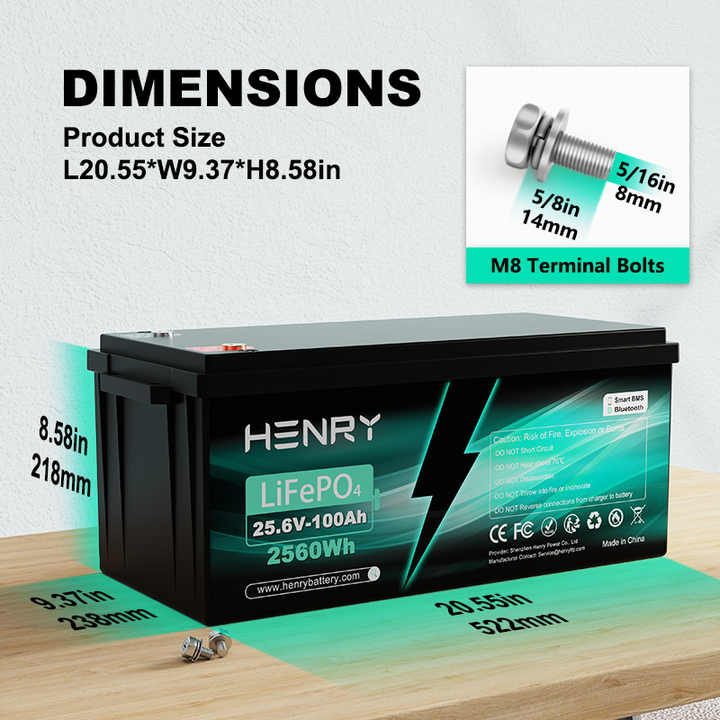 Factory Sale 25.6V 100Ah Lithium Battery Pack Deep Cycle LiFePO4 Rechargeable for Solar Storage Golf Carts Electric Vehicles HENRY