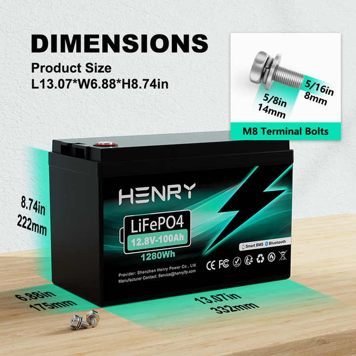 Energy Storage Battery 12V 100Ah LiFePO4 Long Cycle Life for Solar RV Ebike HENRY