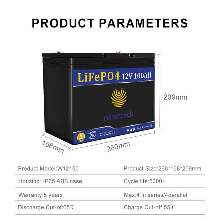 Wirentech 12V 100Ah Lithium Ion Battery for Solar Energy Storage Systems and Electric Vehicles