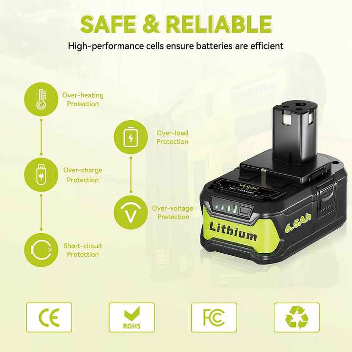 Ryobi 18V 6.5Ah Battery Pack for Power Tools with 1000 Cycles Life and LiCoO2 Cathode RHY