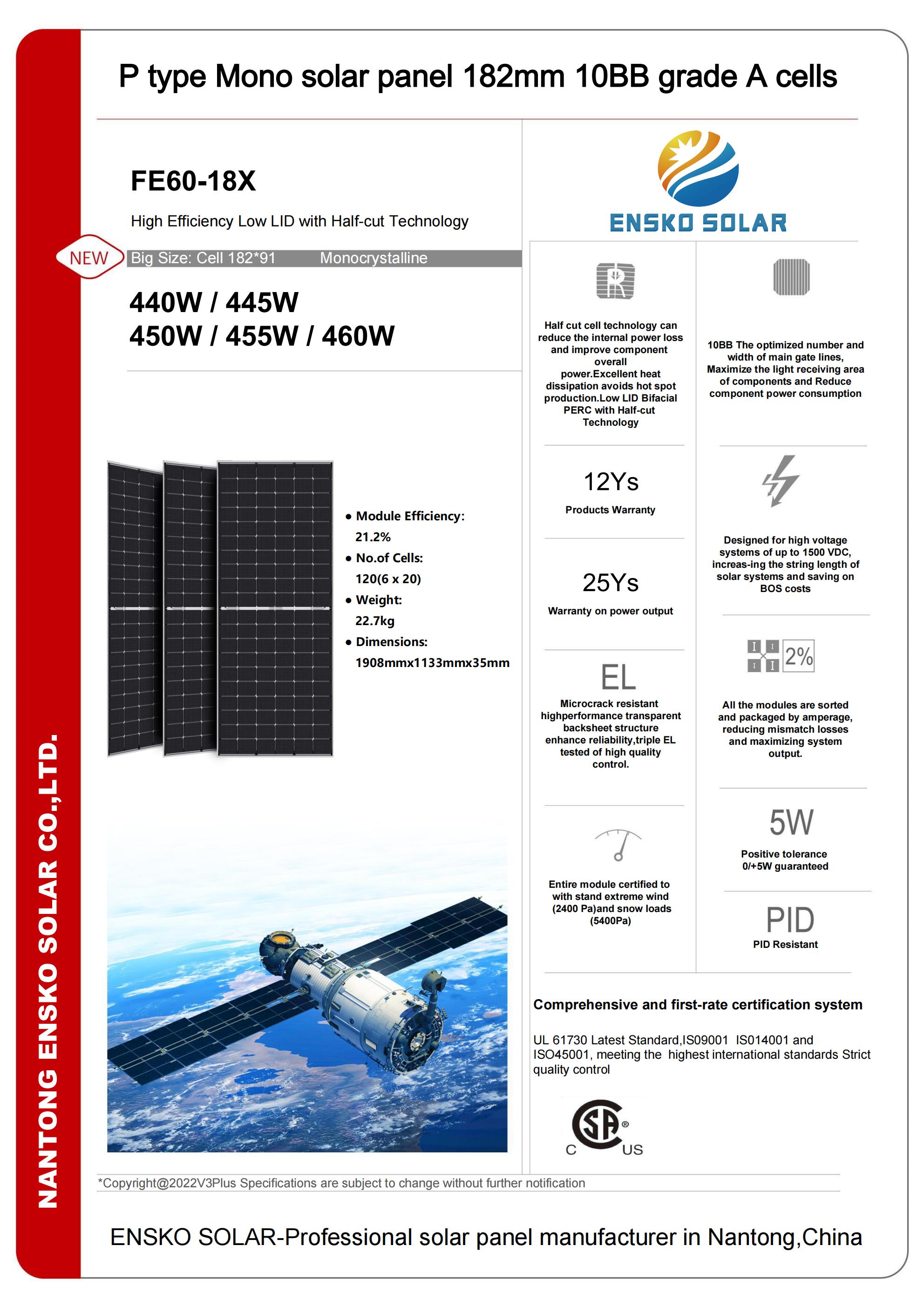 Solar Panel 450W P-Type Mono High Efficiency for Residential and Commercial PV Systems ENSKO SOLAR