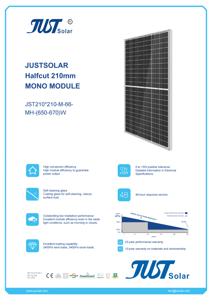JST-G12-M-66-MH- (650-675)W Bifacial Solar Panel High Efficiency 21.73% 132 Cells 210mm Mono PV Module for Utility-Scale and Commercial Projects Jusolar