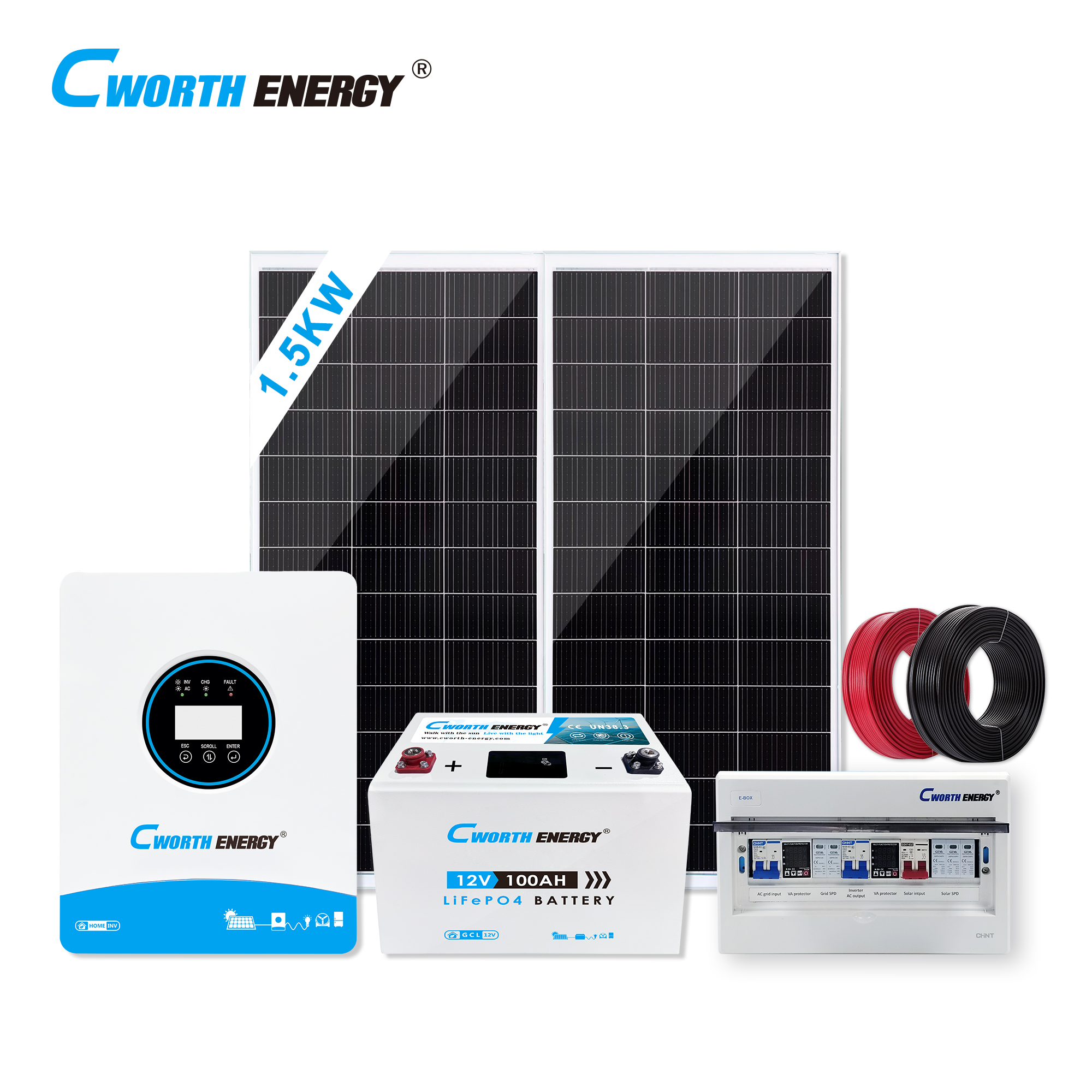 1.5KW Solar Energy System 1.8KVA gcl-12100 1.28KWh Lithium Battery Off-Grid Home Power Supply Cworth Energy