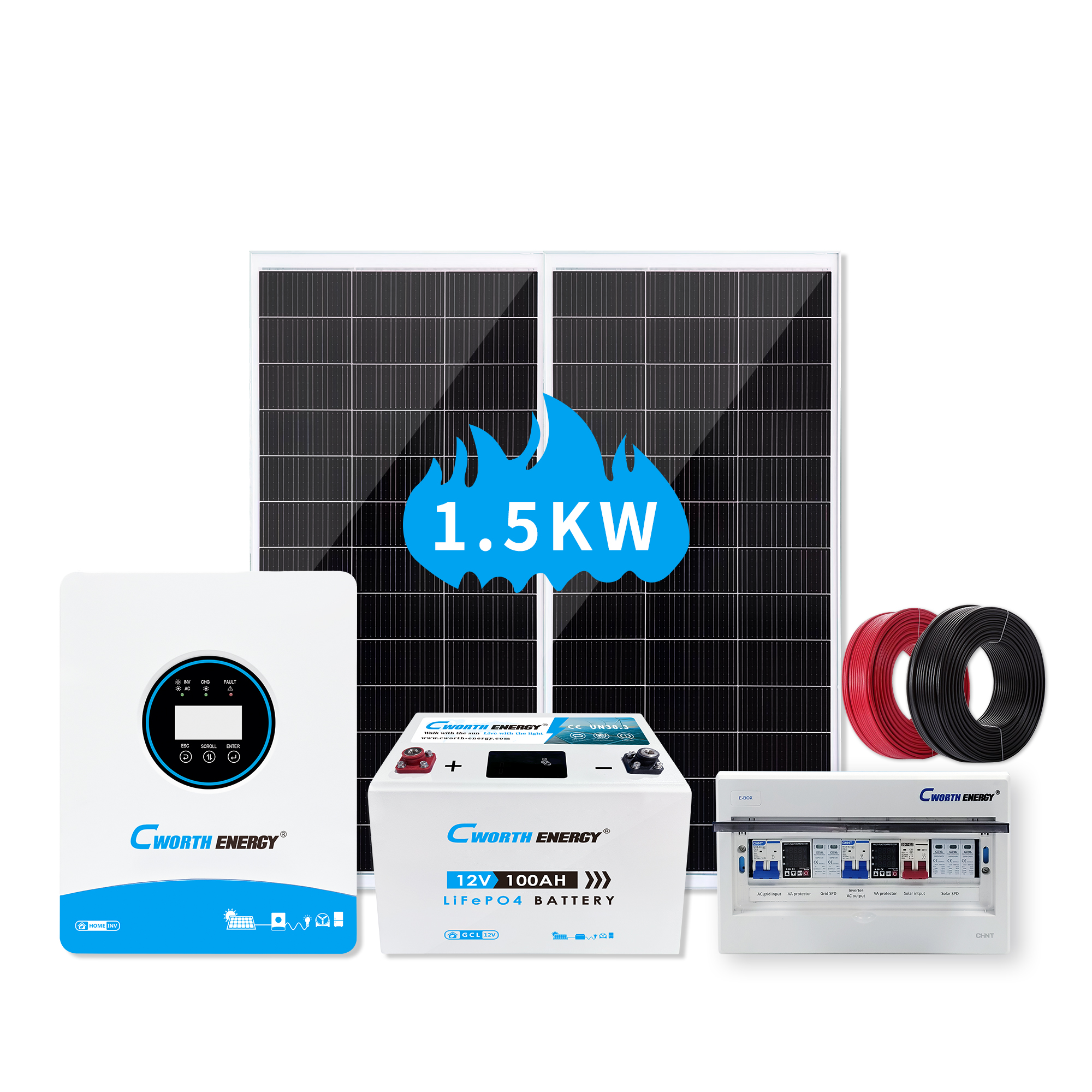 1.5KW Solar Energy System 1.8KVA gcl-12100 1.28KWh Lithium Battery Off-Grid Home Power Supply Cworth Energy