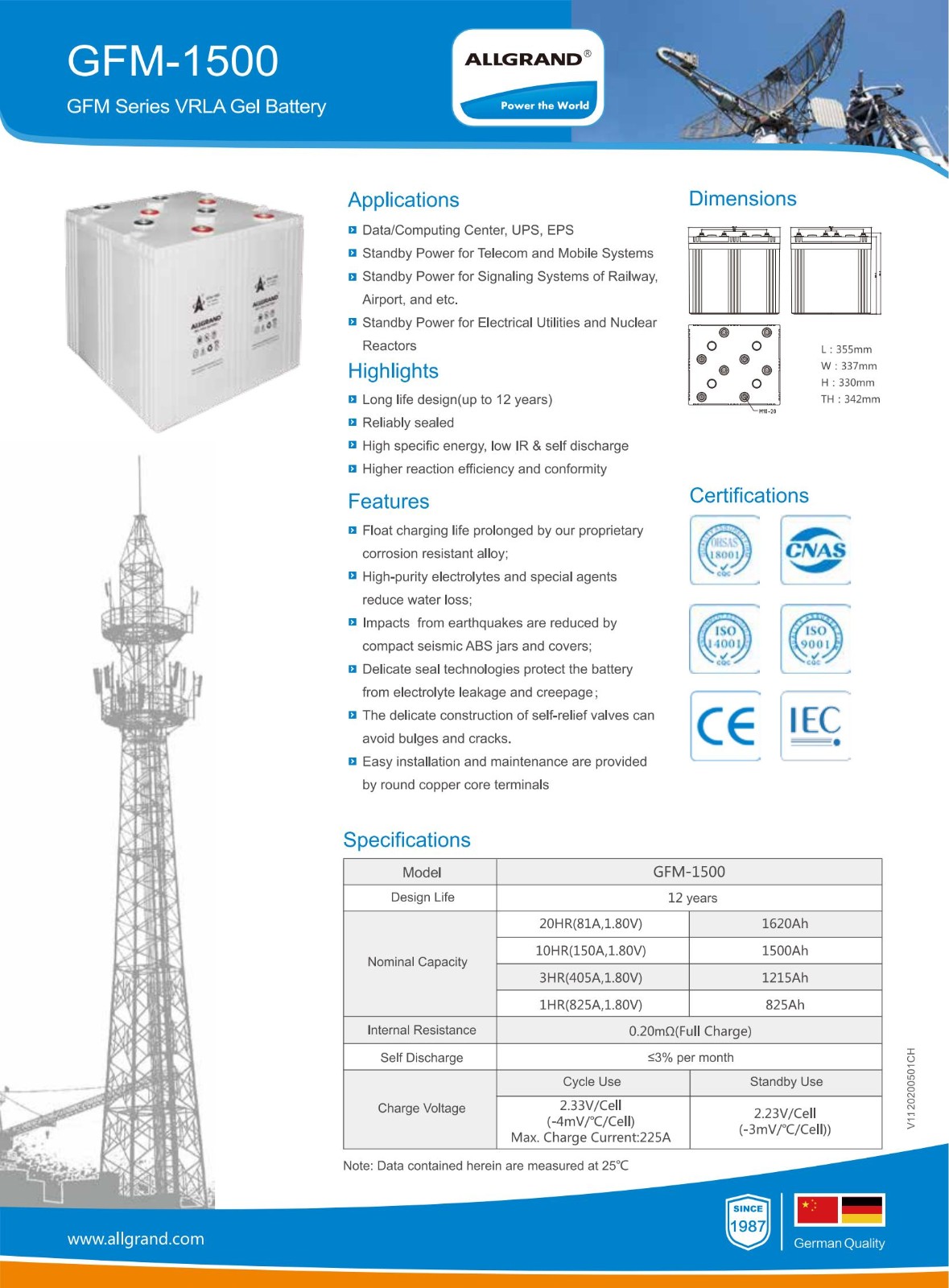 GFM-1500 Long Life Up to 12 Years High Specific Energy Data/Computing Center UPS EPS Telecom Backup
