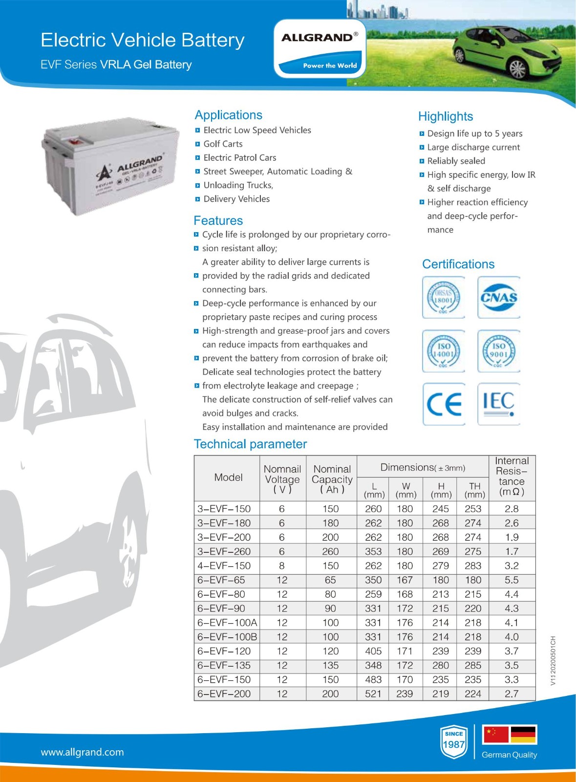 6-EVFJ-150 Deep Cycle Battery High Energy Low IR for Electric Low Speed Vehicles Golf Carts